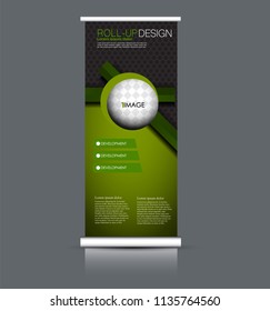 Roll up banner stand. Vertical information board design. Green and black color vector illustration.