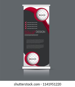 Roll up banner stand. Vertical information board design. Black and red color vector illustration.