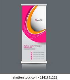 Roll up banner stand. Vertical information board design. Pink and orange color vector illustration.