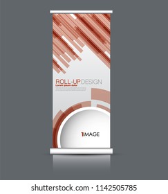 Roll up banner stand. Vertical information board design. Red color vector illustration.