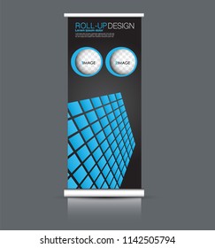 Roll up banner stand. Vertical information board design. Black and blue color vector illustration.