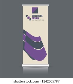 Roll up banner stand. Vertical information board design. Purple color vector illustration.