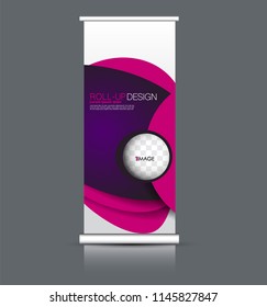 Roll up banner stand. Vertical information board design. Pink and purple color vector illustration.
