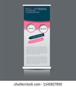 Roll up banner stand. Vertical information board design. Pink and blue color vector illustration.
