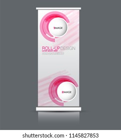 Roll up banner stand. Vertical information board design. Pink color vector illustration.