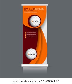 Roll up banner stand. Vertical information board design. Orange and red color vector illustration.