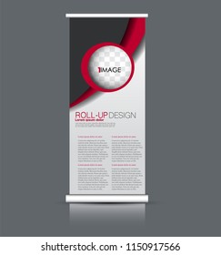 Roll up banner stand. Vertical information board design. Black and red color vector illustration.