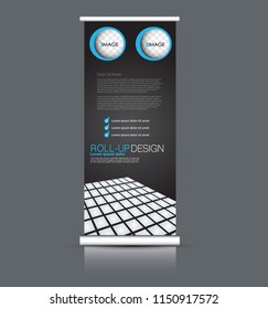 Roll up banner stand. Vertical information board design. Black and blue color vector illustration.