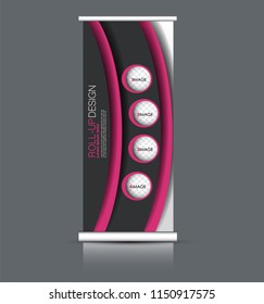Roll up banner stand. Vertical information board design. Black and pink color vector illustration.