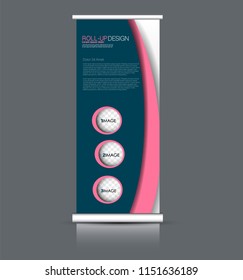Roll up banner stand. Vertical information board design. Pink and blue color vector illustration.