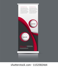 Roll up banner stand. Vertical information board design. Black and red color vector illustration.