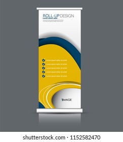 Roll up banner stand. Vertical information board design. Blue and yellow color vector illustration.