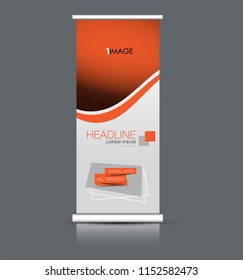 Roll up banner stand. Vertical information board design. Orange color vector illustration.