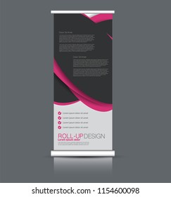 Roll up banner stand. Vertical information board design. Black and pink color vector illustration.