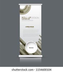 Roll up banner stand. Vertical information board design. Green color vector illustration.