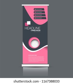 Roll up banner stand. Vertical information board template design. Pink and grey color vector illustration.
