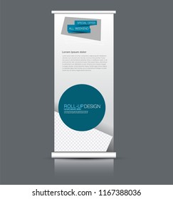 Roll up banner stand. Vertical information board template design. Blue color vector illustration.