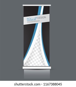 Roll up banner stand. Vertical information board template design. Blue and black color vector illustration.