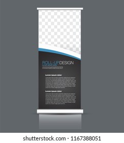 Roll up banner stand. Vertical information board template design. Blue and black color vector illustration.