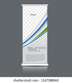 Roll up banner stand. Vertical information board template design. Blue color vector illustration.