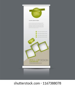Roll up banner stand. Vertical information board template design. Green color vector illustration.