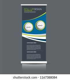 Roll up banner stand. Vertical information board template design. Blue and green color vector illustration.