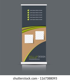 Roll up banner stand. Vertical information board template design. Green color vector illustration.