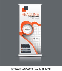 Roll up banner stand. Vertical information board template design. Orange color vector illustration.