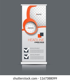 Roll up banner stand. Vertical information board template design. Orange color vector illustration.