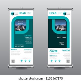 Roll up banner standee business brochure template design. Exhibition advertising presentation abstract geometric background, Cover modern flag, Flat style vector illustration artwork rectangle size.