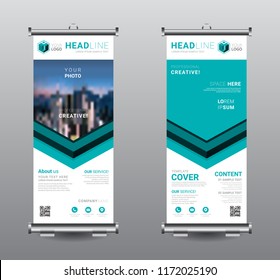 Roll up banner standee business brochure template design. Exhibition advertising presentation abstract geometric background, Cover modern flag, Flat style vector illustration artwork rectangle size.