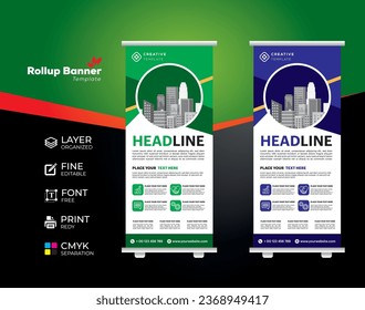 Roll up banner standee business brochure template design. Exhibition advertising presentation abstract geometric background, Cover modern flag, Flat style vector illustration artwork rectangle size.
