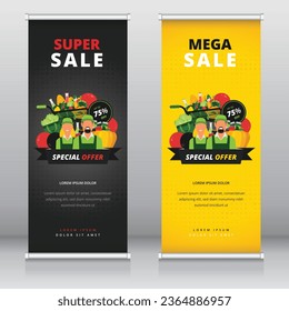 Roll up banner or standee template with a design of smiling shop workers and grocery items. Suitable for black friday, seasonal or any other kind of sales event in a supermarket or retail store