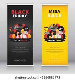 Roll up banner or standee template with a design of smiling store employees and shopping items. Suitable for black friday, clearance or any other kind of sales event - Powered by Shutterstock - Get 15% off with code: PIKWIZARD15