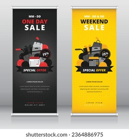 Roll up banner or standee template with a design of easily editable calendar and shopping items. Suitable for any kind of sales event that runs on special days