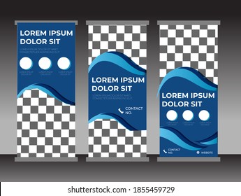 Roll Up Banner Standing Vector Template, Wavy Design Template, Suitable For Business, Conference, Event, Convention And Seminar. Enough Space For Template Images.