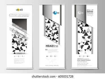 Roll up banner stands, abstract design geometric style templates, corporate vertical vector flyers, flag banner layouts. Abstract triangle design background, modern gray color polygonal vector.