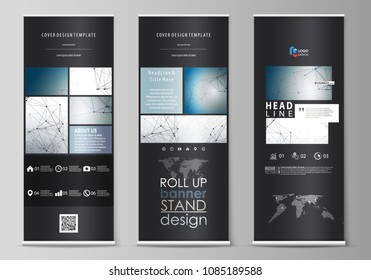 Roll up banner stands, abstract geometric design, business concept, corporate vertical vector flyers, flag layouts. DNA and neurons molecule structure. Medicine, science concept. Scalable graphic.