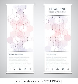 Roll up banner stands with abstract geometric background of hexagons pattern. Hi-tech digital background. Vector illustration for technological or scientific modern design