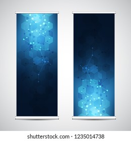 Roll up banner stands with abstract geometric background of molecular structure and genetic engineering. Hi-tech digital background. Vector illustration for technological or scientific modern design