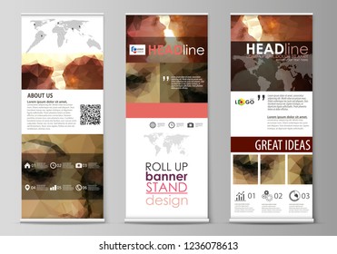 Roll up banner stands, abstract geometric design templates, corporate vertical vector flyers, flag layouts. Romantic couple kissing. Beautiful background. Geometrical pattern in triangular style.