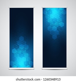 Roll up banner stands with abstract geometric background of hexagons pattern. Hi-tech digital background. Vector illustration for technological or scientific modern design