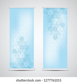 Roll up banner stands with abstract geometric background of hexagons pattern