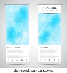Roll up banner stands with abstract geometric background of hexagons pattern