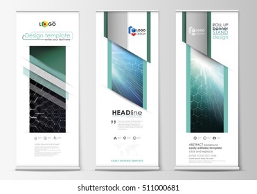 Roll up banner stands, abstract geometric style templates, corporate vertical vector flyers, flag layouts. Chemistry pattern, hexagonal molecule structure. Medicine, science, technology concept