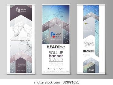 Roll up banner stands, abstract geometric design templates, vertical vector flyers, flag layouts. Compounds lines and dots. Big data visualization in minimal style. Graphic communication background