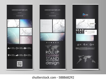 Roll up banner stands, abstract geometric design templates, vertical vector flyers, flag layouts. Compounds lines and dots. Big data visualization in minimal style. Graphic communication background.