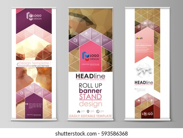 Roll up banner stands, abstract geometric design templates, corporate vertical vector flyers, flag layouts. Romantic couple kissing. Beautiful background. Geometrical pattern in triangular style.