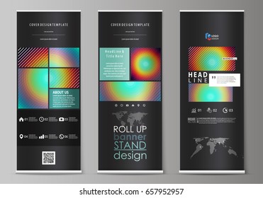 Roll up banner stands, abstract geometric style templates, corporate vertical vector flyers, flag layouts. Minimalistic design with circles, diagonal lines. Geometric shapes forming retro background.
