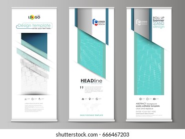 Roll up banner stands, abstract geometric design, corporate vertical vector flyers, flag layouts. Chemistry pattern, hexagonal molecule structure on blue. Medicine, science and technology concept